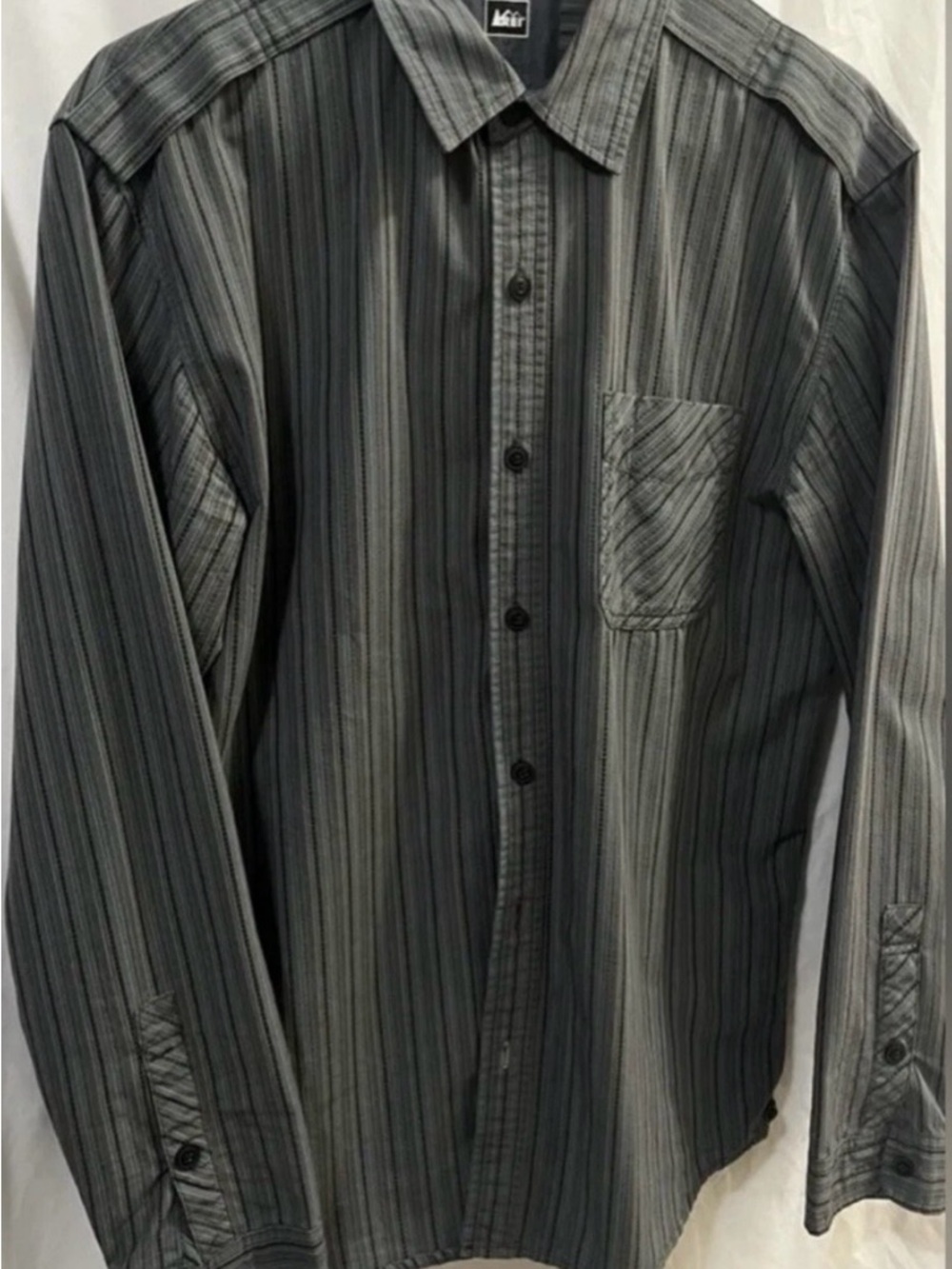REI Co Op Men's Black and Gray Striped Button-Down Shirt
